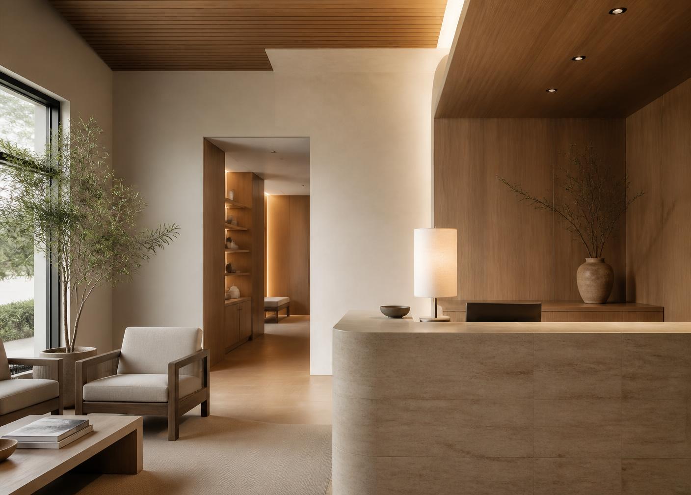 Interior of a calm, modern wellness clinic reception with warm oak and natural light