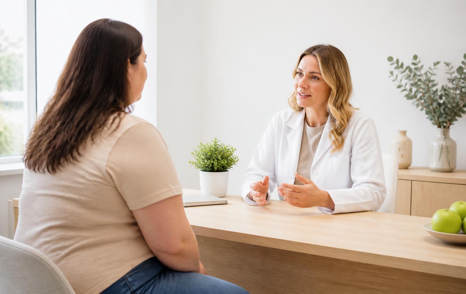 Clinician consulting with a patient in a bright modern clinic