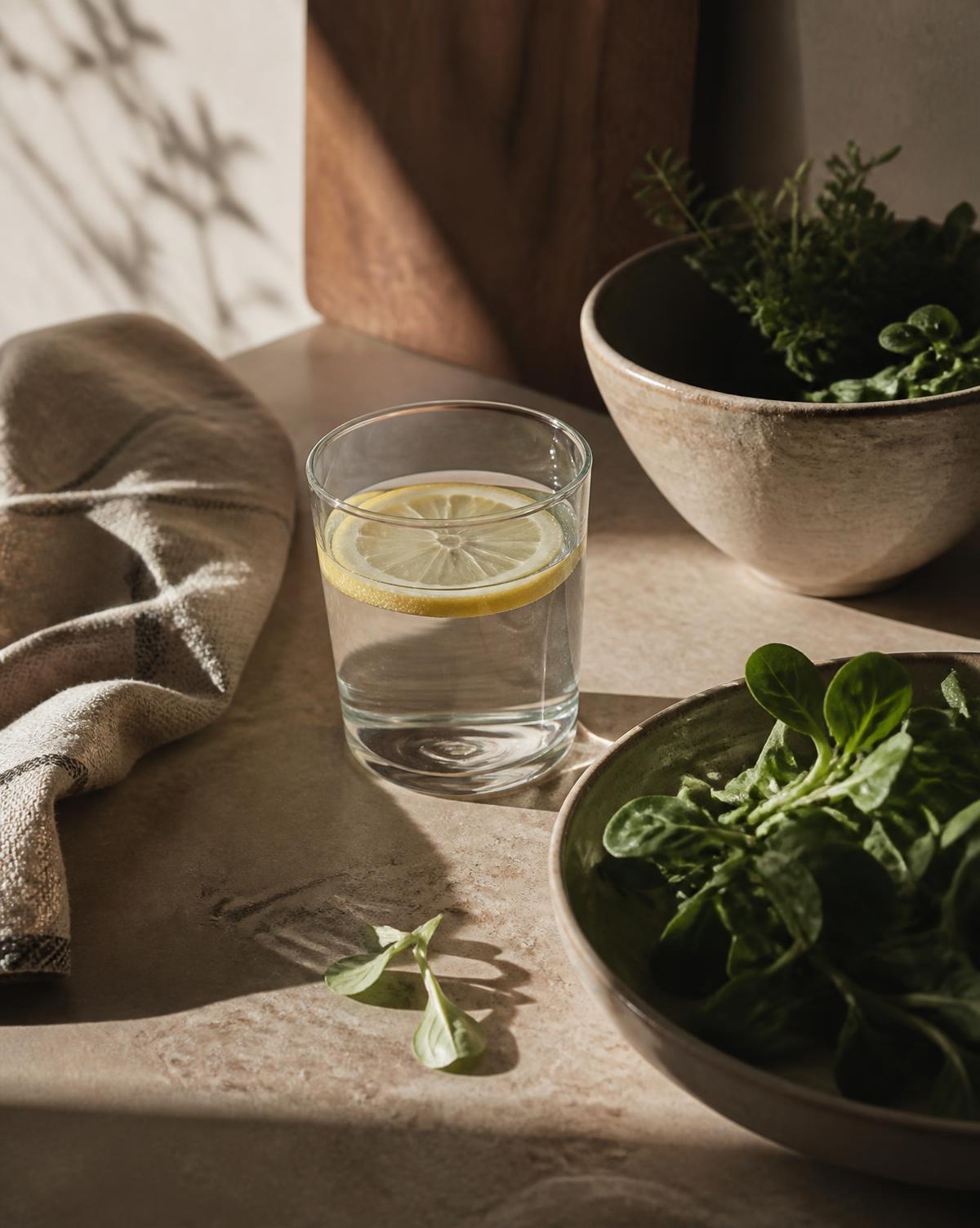 Still life of a glass of lemon water, linen, and fresh greens in soft morning light