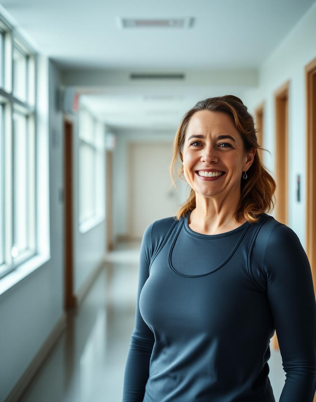 Smiling patient standing in a bright wellness clinic hallway