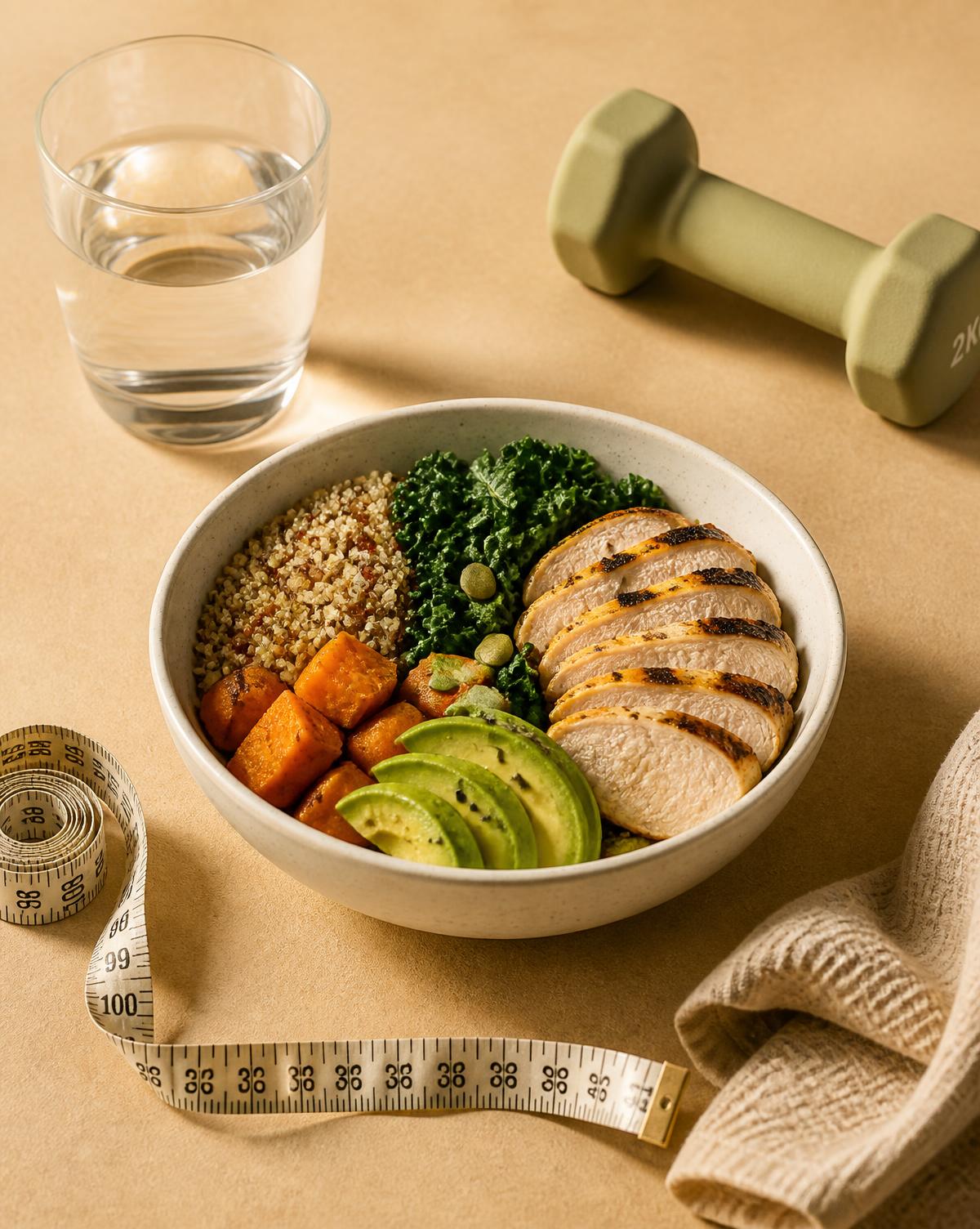 Healthy meal bowl, measuring tape and dumbbell on a warm surface